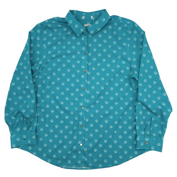Chico's Tops - Chicos Blouse Womens 2 Large Tab Sleeve No Iron Hardware Seashell Button Blue